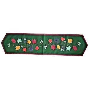 Fall Leaves Table Runner Part Wool 53 x 13 Green Burgundy Gold Embroidered